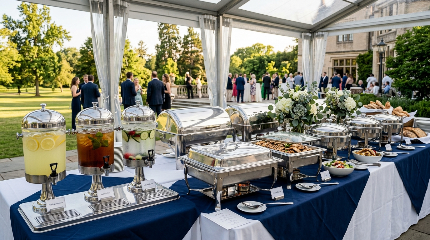 Polished stainless steel chafing dishes and beverage catering equipment